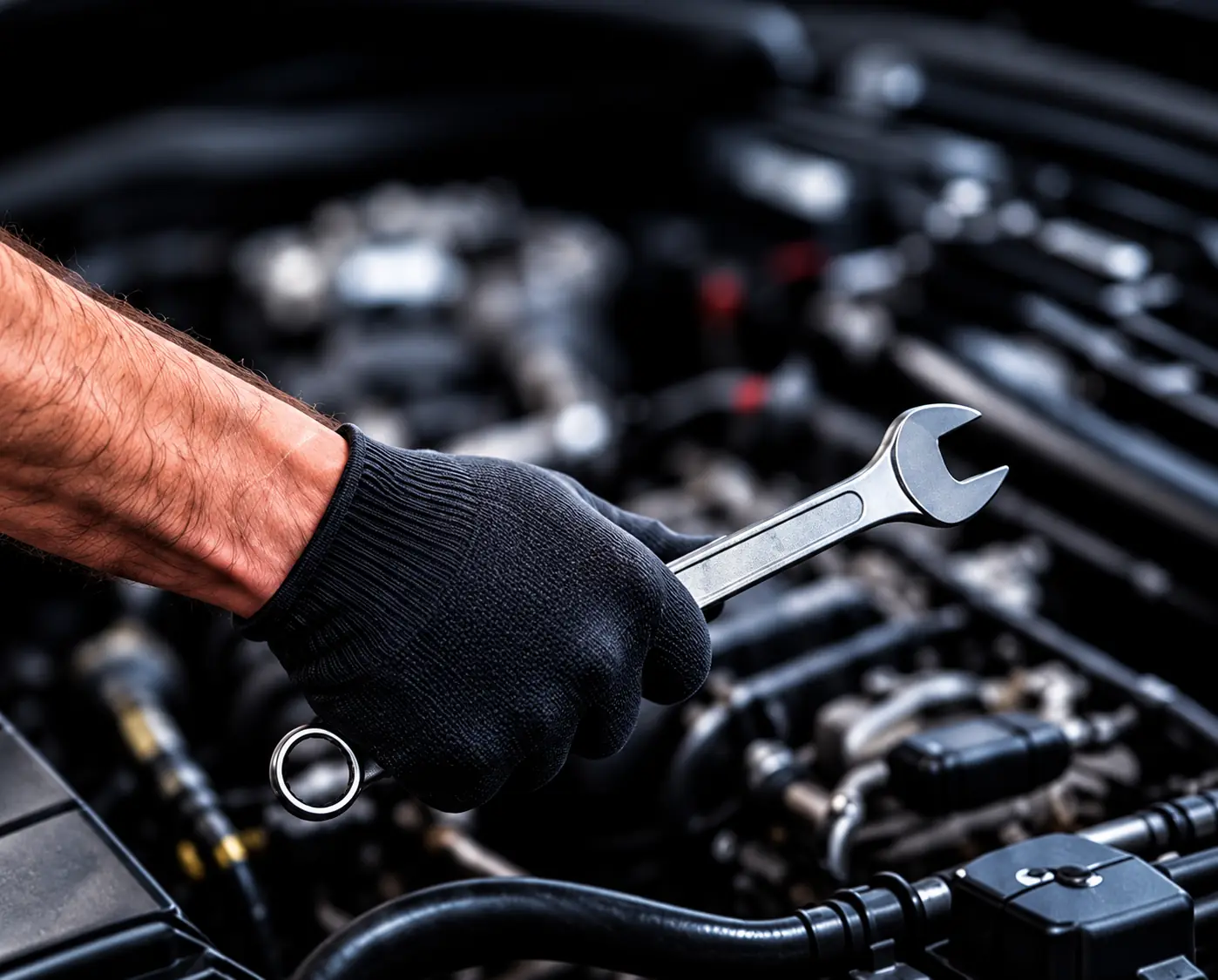 Mão com luva de mecânico segurando uma chave sobre o motor de um carro
