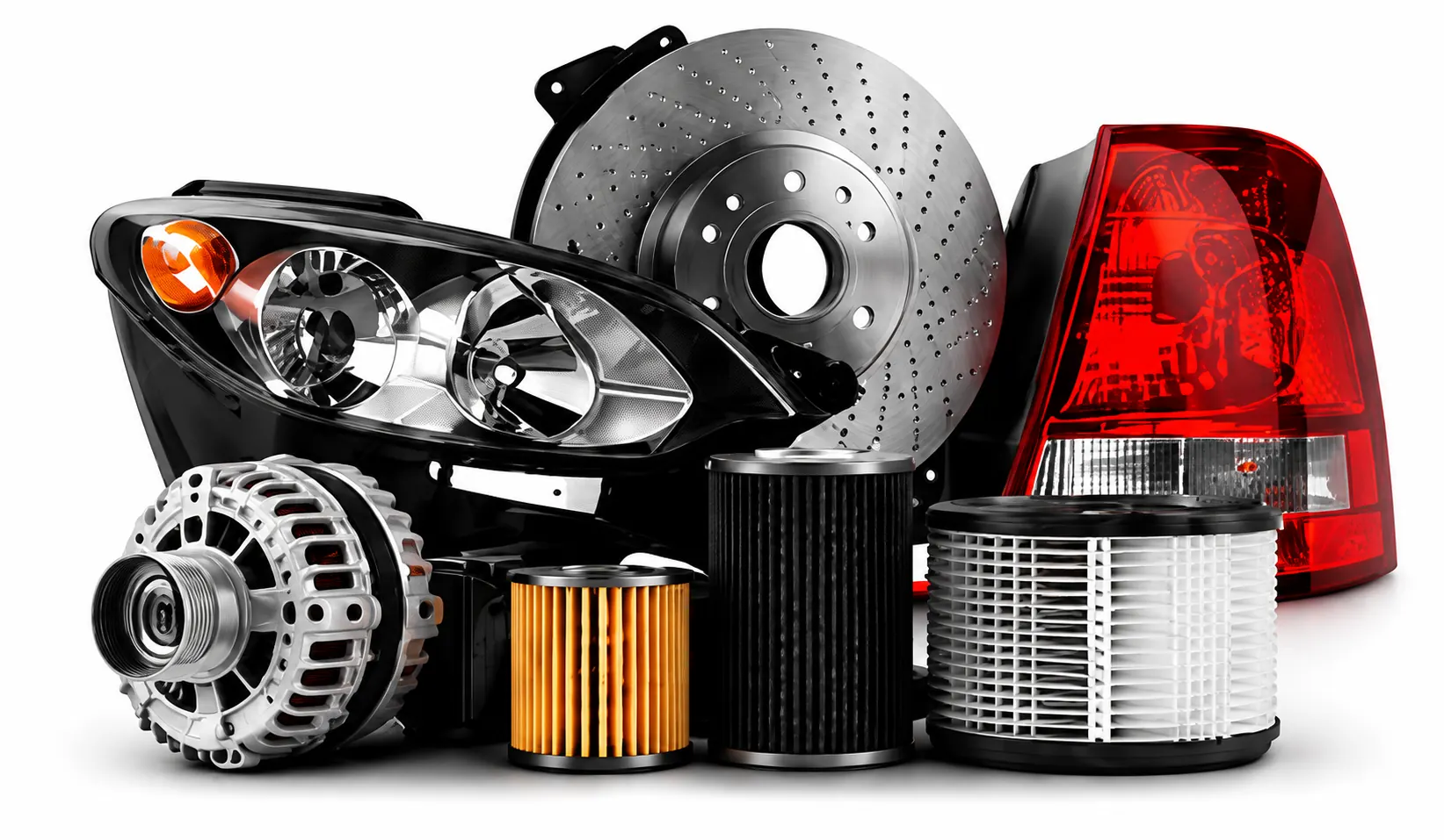 Composição de peças automotivas: farol, lanterna, disco de freio, alternador, filtros e amortecedor